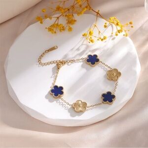 Gold-Toned Stainless Steel Blue & Gold Flower Motif Bracelet